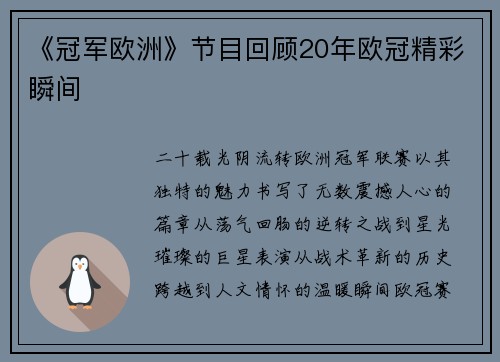 《冠军欧洲》节目回顾20年欧冠精彩瞬间